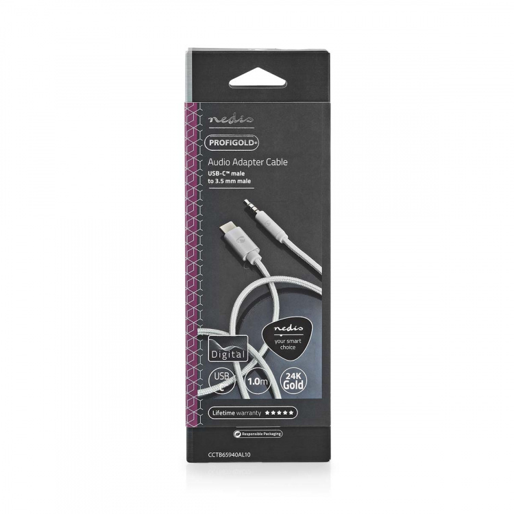 Nedis USB-C™ Adapter | USB 2.0 | USB-C™ Male | 3,5 mm Male | 1.00 m | Rond | Verguld | Gevlochten / Nylon | Aluminium | Cover Window Box Nedis USB-C™ Adapter | USB 2.0 | USB-C™ Male | 3,5 mm Male | 1.00 m | Rond | Verguld | Gevlochten / Nylon | Aluminium | Cover Window Box