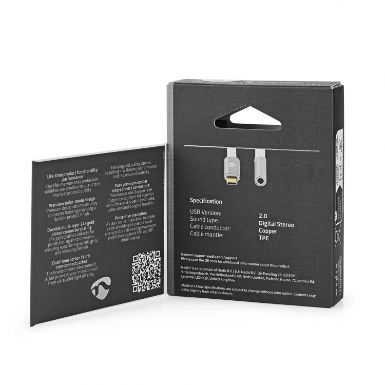 Nedis USB-C™ Adapter | USB 2.0 | USB-C™ Male | 3,5 mm Female | 0.08 m | Rond | Verguld | Gevlochten / Nylon | Wit / Zilver | Cover Window Box