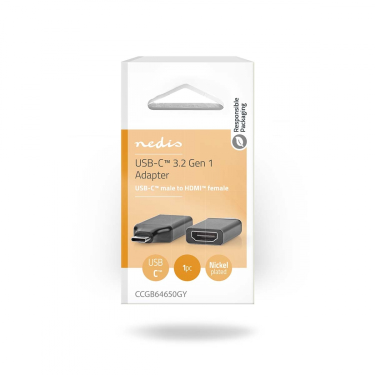 Nedis USB-C™ Adapter | USB 3.2 Gen 1 | USB-C™ Male | HDMI™ Output | 4K@60Hz | Rond | Vernikkeld | Grijs / Zwart | Doos