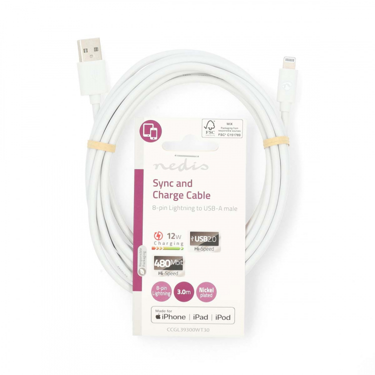 Nedis Lightning Kabel | USB 2.0 | Apple Lightning 8-Pins | USB-A Male | 480 Mbps | Vernikkeld | 3.00 m | Rond | PVC | Wit | Label