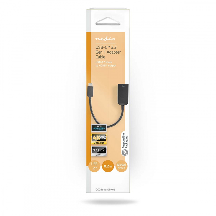 Nedis USB-C™ Adapter | USB 3.2 Gen 1 | USB-C™ Male | HDMI™ Output | 4K@60Hz | 0.20 m | Rond | Vernikkeld | PVC | Zwart | Doos Nedis USB-C™ Adapter | USB 3.2 Gen 1 | USB-C™ Male | HDMI™ Output | 4K@60Hz | 0.20 m | Rond | Vernikkeld | PVC | Zwart | Doos