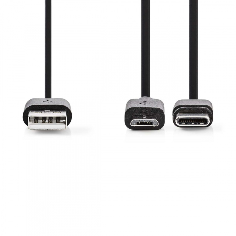 Nedis 2-in-1-Kabel | USB 2.0 | USB-A Male | USB Micro-B Male / USB-C™ Male | 480 Mbps | 1.00 m | Vernikkeld | Rond | PVC | Zwart | Label Nedis 2-in-1-Kabel | USB 2.0 | USB-A Male | USB Micro-B Male / USB-C™ Male | 480 Mbps | 1.00 m | Vernikkeld | Rond | PVC | Zwart | Label