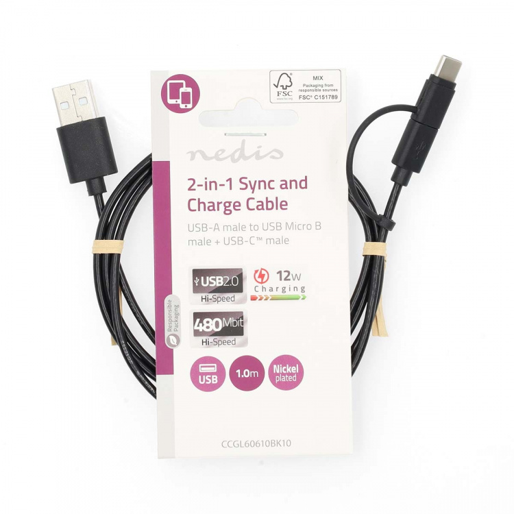 Nedis 2-in-1-Kabel | USB 2.0 | USB-A Male | USB Micro-B Male / USB-C™ Male | 480 Mbps | 1.00 m | Vernikkeld | Rond | PVC | Zwart | Label Nedis 2-in-1-Kabel | USB 2.0 | USB-A Male | USB Micro-B Male / USB-C™ Male | 480 Mbps | 1.00 m | Vernikkeld | Rond | PVC | Zwart | Label