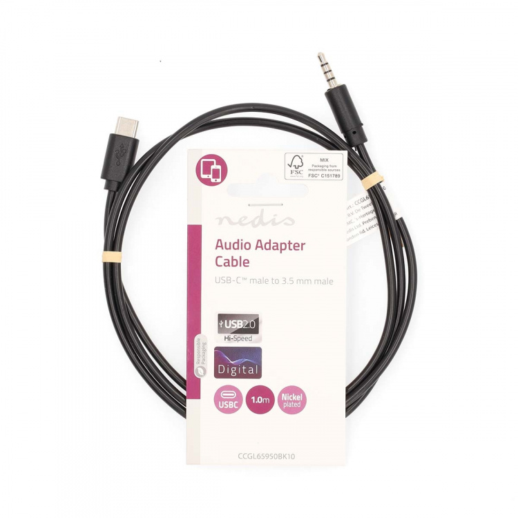Nedis USB-C™ Adapter | USB 2.0 | USB-C™ Male | 3,5 mm Male | 1.00 m | Rond | Vernikkeld | Zwart | Label