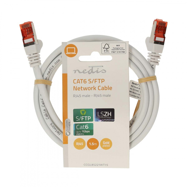 Nedis CAT6 Netwerkkabel | RJ45 Male | RJ45 Male | S/FTP | 1.50 m | Rond | LSZH | Wit | Label Nedis CAT6 Netwerkkabel | RJ45 Male | RJ45 Male | S/FTP | 1.50 m | Rond | LSZH | Wit | Label