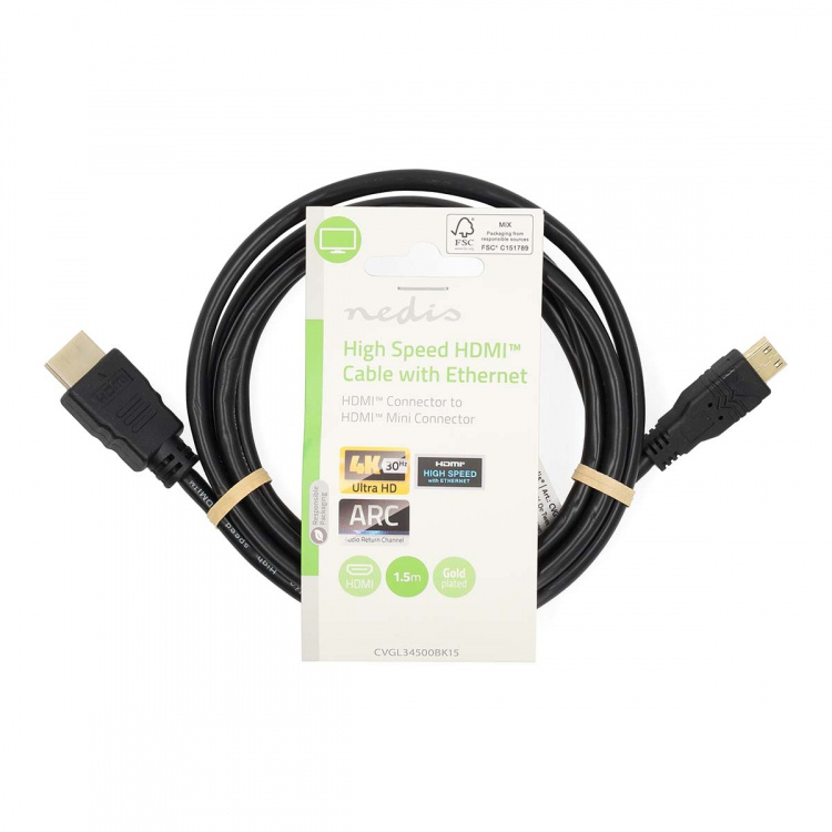 Nedis High Speed HDMI™-Kabel met Ethernet | HDMI™ Connector | HDMI™ Mini-Connector | 4K@30Hz | 10.2 Gbps | 1.50 m | Rond | PVC | Zwart | Label Nedis High Speed HDMI™-Kabel met Ethernet | HDMI™ Connector | HDMI™ Mini-Connector | 4K@30Hz | 10.2 Gbps | 1.50 m | Rond | PVC | Zwart | Label