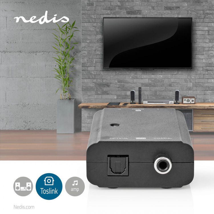 Nedis Digitale Audioconverter | 1-weg | Ingangen audio / video / data: 2x RCA Male | Uitgangen audio / video / data: 1x S/PDIF (RCA) Female / 1x TosLink Female | Manueel | Zwart