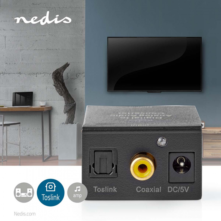Nedis Digitale Audioconverter | 1-weg | Ingangen audio / video / data: 1x Digital RCA / 1x TosLink | Uitgangen audio / video / data: 1x (2x RCA) / 1x 3.5 mm | Automatisch | Geïntegreerde versterker | Zwart Nedis Digitale Audioconverter | 1-weg | Ingangen audio / video / data: 1x Digital RCA / 1x TosLink | Uitgangen audio / video / data: 1x (2x RCA) / 1x 3.5 mm | Automatisch | Geïntegreerde versterker | Zwart