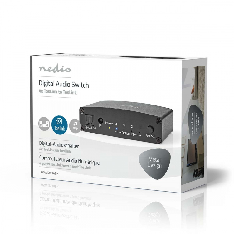 Nedis Digitale Audio-Switch | 4-wegs | Ingangen audio / video / data: DC Power / 4x TosLink | Uitgangen audio / video / data: TosLink Female | Afstandsbediening / Drukknop / Manueel | Metaal | Zwart Nedis Digitale Audio-Switch | 4-wegs | Ingangen audio / video / data: DC Power / 4x TosLink | Uitgangen audio / video / data: TosLink Female | Afstandsbediening / Drukknop / Manueel | Metaal | Zwart