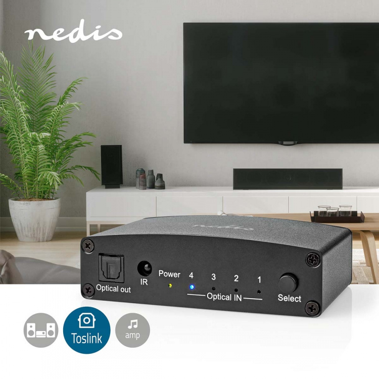 Nedis Digitale Audio-Switch | 4-wegs | Ingangen audio / video / data: DC Power / 4x TosLink | Uitgangen audio / video / data: TosLink Female | Afstandsbediening / Drukknop / Manueel | Metaal | Zwart Nedis Digitale Audio-Switch | 4-wegs | Ingangen audio / video / data: DC Power / 4x TosLink | Uitgangen audio / video / data: TosLink Female | Afstandsbediening / Drukknop / Manueel | Metaal | Zwart