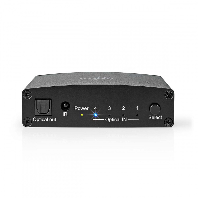 Nedis Digitale Audio-Switch | 4-wegs | Ingangen audio / video / data: DC Power / 4x TosLink | Uitgangen audio / video / data: TosLink Female | Afstandsbediening / Drukknop / Manueel | Metaal | Zwart Nedis Digitale Audio-Switch | 4-wegs | Ingangen audio / video / data: DC Power / 4x TosLink | Uitgangen audio / video / data: TosLink Female | Afstandsbediening / Drukknop / Manueel | Metaal | Zwart