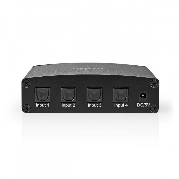 Nedis Digitale Audio-Switch | 4-wegs | Ingangen audio / video / data: DC Power / 4x TosLink | Uitgangen audio / video / data: TosLink Female | Afstandsbediening / Drukknop / Manueel | Metaal | Zwart Nedis Digitale Audio-Switch | 4-wegs | Ingangen audio / video / data: DC Power / 4x TosLink | Uitgangen audio / video / data: TosLink Female | Afstandsbediening / Drukknop / Manueel | Metaal | Zwart