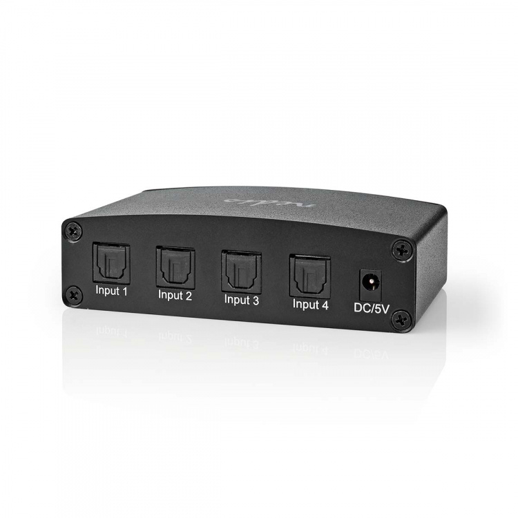 Nedis Digitale Audio-Switch | 4-wegs | Ingangen audio / video / data: DC Power / 4x TosLink | Uitgangen audio / video / data: TosLink Female | Afstandsbediening / Drukknop / Manueel | Metaal | Zwart Nedis Digitale Audio-Switch | 4-wegs | Ingangen audio / video / data: DC Power / 4x TosLink | Uitgangen audio / video / data: TosLink Female | Afstandsbediening / Drukknop / Manueel | Metaal | Zwart