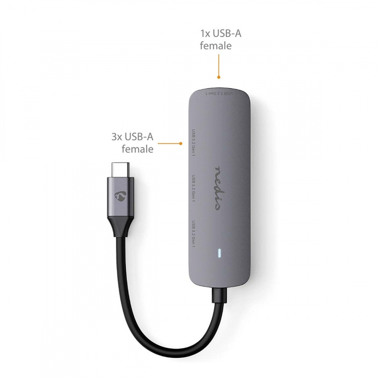 Nedis USB-Hub | 1x USB-C™ | 4x USB A Female | 4-Poorts poort(en) | USB 3.2 Gen 1 | USB Gevoed | 5 Gbps