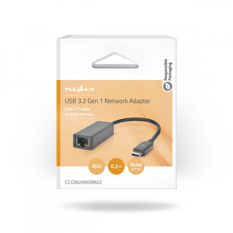 Nedis USB-netwerkadapter | USB 3.2 Gen 1 | 2.5 Gbps | USB-C™ Male | RJ45 Female | 0.20 m | Rond | Vernikkeld | Vertind-Koper | Zwart | Doos