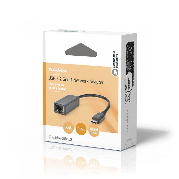 Nedis USB-netwerkadapter | USB 3.2 Gen 1 | 2.5 Gbps | USB-C™ Male | RJ45 Female | 0.20 m | Rond | Vernikkeld | Vertind-Koper | Zwart | Doos