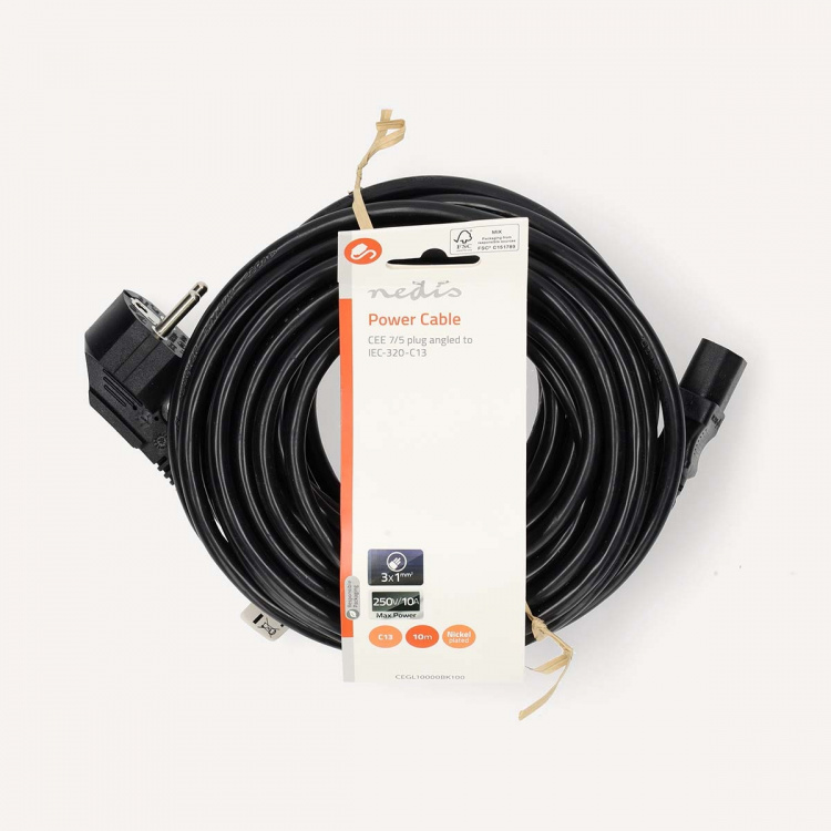 Nedis Stroomkabel | Type F (CEE 7/7) Male | IEC-320-C13 | Gehoekt | Recht | Vernikkeld | 10.0 m | Rond | PVC | Zwart | Label Nedis Stroomkabel | Type F (CEE 7/7) Male | IEC-320-C13 | Gehoekt | Recht | Vernikkeld | 10.0 m | Rond | PVC | Zwart | Label