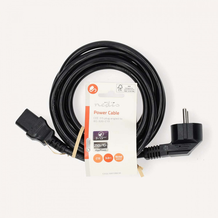 Nedis Stroomkabel | Type F (CEE 7/7) Male | IEC-320-C13 | Gehoekt | Recht | Vernikkeld | 3.00 m | Rond | PVC | Zwart | Label Nedis Stroomkabel | Type F (CEE 7/7) Male | IEC-320-C13 | Gehoekt | Recht | Vernikkeld | 3.00 m | Rond | PVC | Zwart | Label