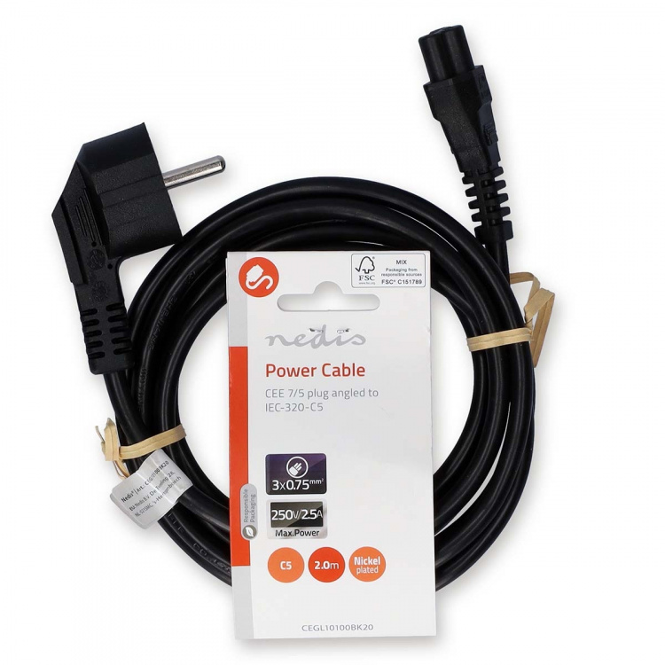 Nedis Stroomkabel | Type F (CEE 7/7) Male | IEC-320-C5 | Gehoekt | Recht | Vernikkeld | 2.00 m | Rond | PVC | Zwart | Label Nedis Stroomkabel | Type F (CEE 7/7) Male | IEC-320-C5 | Gehoekt | Recht | Vernikkeld | 2.00 m | Rond | PVC | Zwart | Label