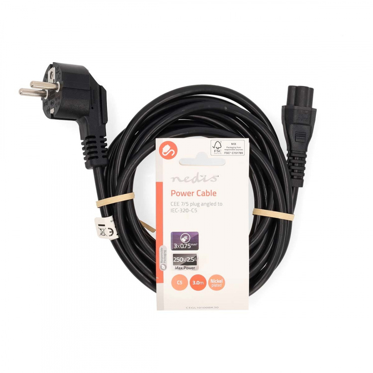 Nedis Stroomkabel | Type F (CEE 7/7) Male | IEC-320-C5 | Gehoekt | Recht | Vernikkeld | 3.00 m | Rond | PVC | Zwart | Label Nedis Stroomkabel | Type F (CEE 7/7) Male | IEC-320-C5 | Gehoekt | Recht | Vernikkeld | 3.00 m | Rond | PVC | Zwart | Label