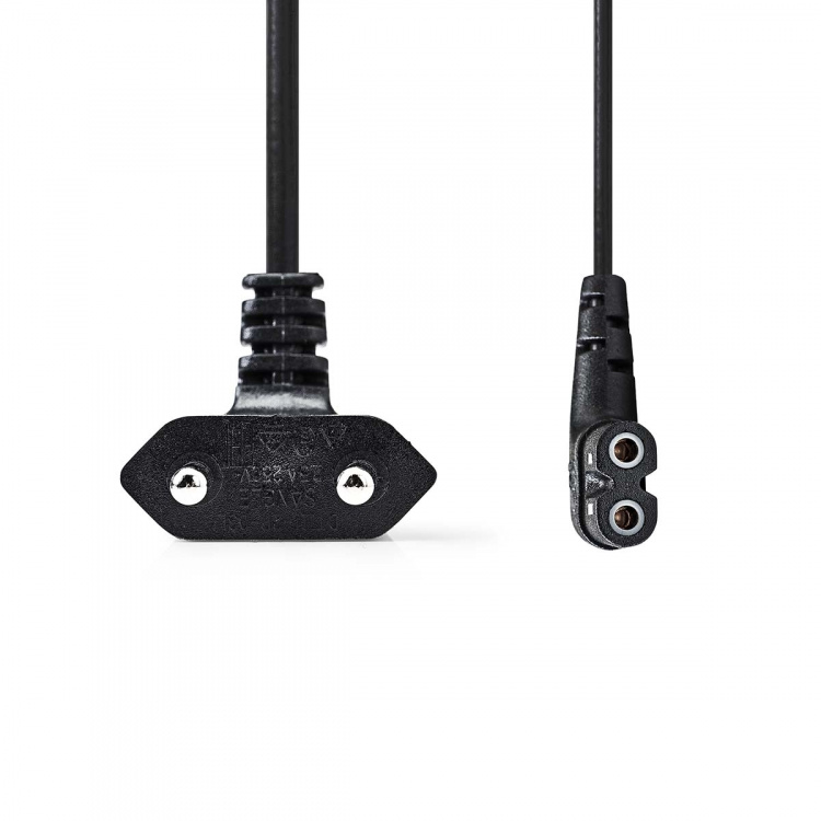 Nedis Stroomkabel | Euro Male | IEC-320-C7 | Gehoekt | Links Gehoekt | Vernikkeld | 2.00 m | Plat | PVC | Zwart | Label
