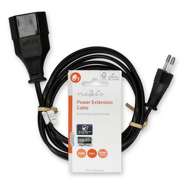 Nedis Power Extension Cable | EUR male | EUR Female| 2.0 m | Round | Black | Envelope