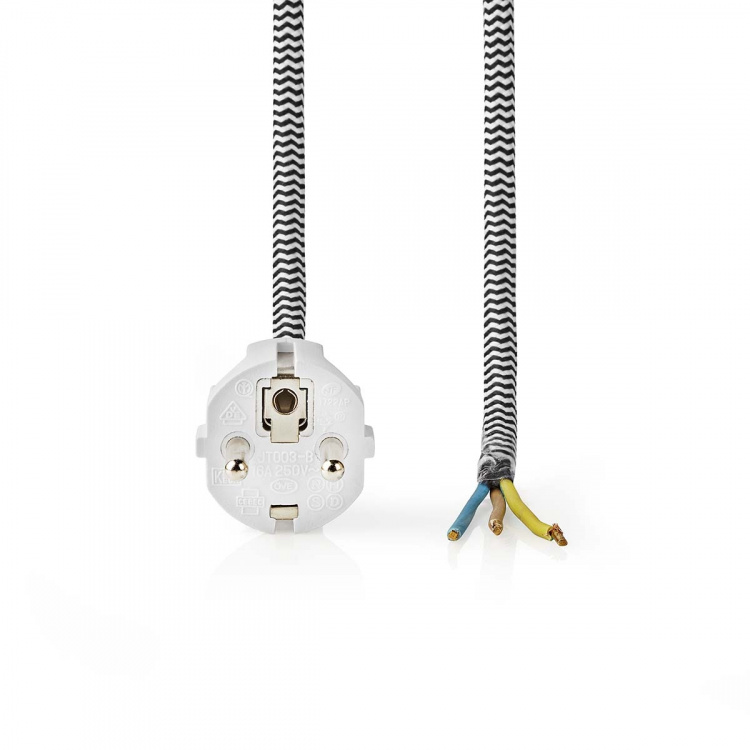 Nedis Stroomkabel | Type F (CEE 7/7) Male | Open | Recht | Recht | Vernikkeld | 3.00 m | Rond | Katoen | Wit | Label Nedis Stroomkabel | Type F (CEE 7/7) Male | Open | Recht | Recht | Vernikkeld | 3.00 m | Rond | Katoen | Wit | Label