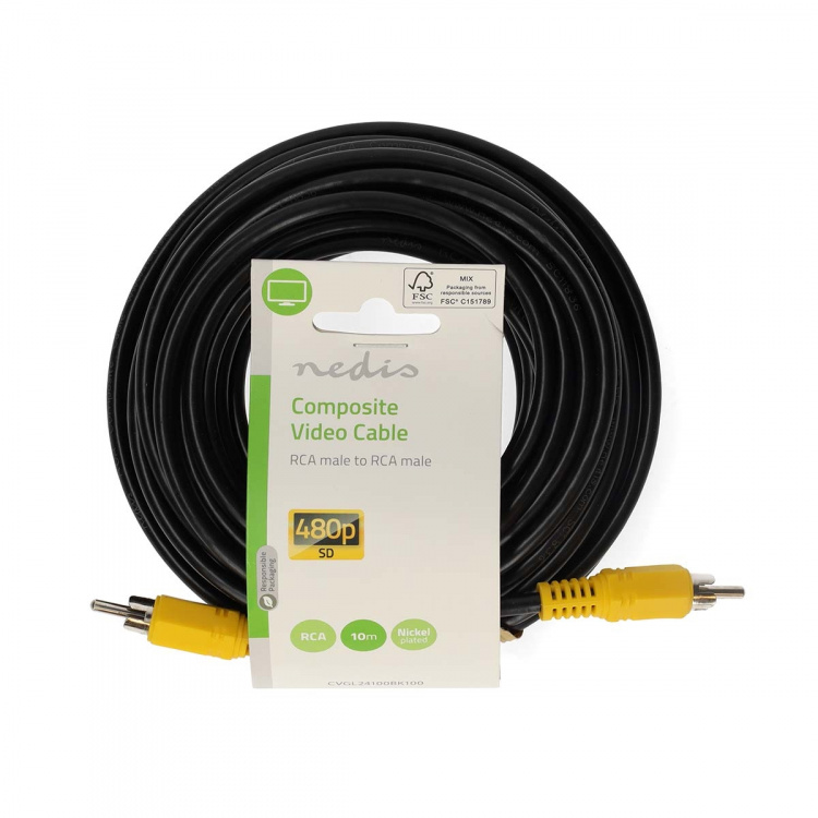 Nedis Composiet Videokabel | RCA Male | RCA Male | Vernikkeld | 480p | 10.0 m | Rond | PVC | Zwart | Label