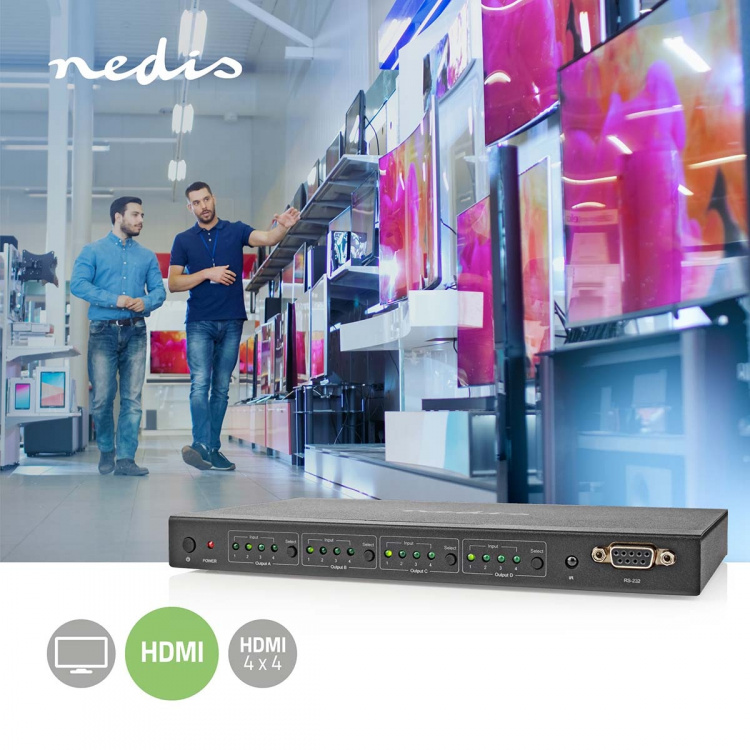 Nedis HDMI™ Matrix-Switch | 4 x 4-Poorts poort(en) | DC Power / 1x RS232 / 4x HDMI™ Input | 4x HDMI™ Output | 4K@60Hz | 18 Gbps | Afstandbestuurbaar | Metaal | Zwart Nedis HDMI™ Matrix-Switch | 4 x 4-Poorts poort(en) | DC Power / 1x RS232 / 4x HDMI™ Input | 4x HDMI™ Output | 4K@60Hz | 18 Gbps | Afstandbestuurbaar | Metaal | Zwart
