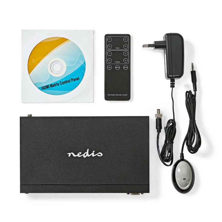 Nedis HDMI™ Matrix-Switch | 4 x 4-Poorts poort(en) | DC Power / 1x RS232 / 4x HDMI™ Input | 4x HDMI™ Output | 4K@60Hz | 18 Gbps | Afstandbestuurbaar | Metaal | Zwart Nedis HDMI™ Matrix-Switch | 4 x 4-Poorts poort(en) | DC Power / 1x RS232 / 4x HDMI™ Input | 4x HDMI™ Output | 4K@60Hz | 18 Gbps | Afstandbestuurbaar | Metaal | Zwart