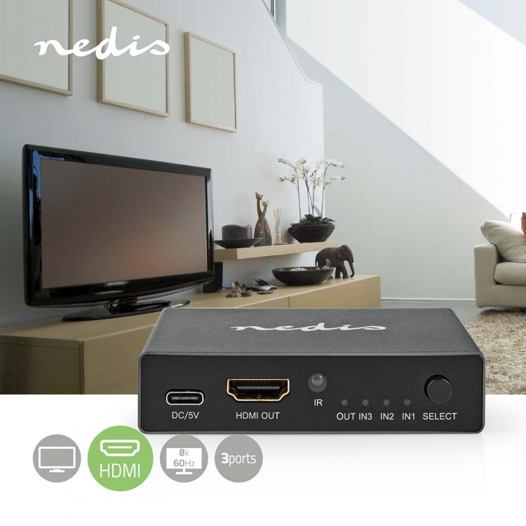 Nedis HDMI™-Switch | 3 poort(en) | 3x HDMI™ Input | 1x HDMI™ Output | 8K@60Hz | 45 Gbps | Afstandbestuurbaar | Aluminium | Antraciet Nedis HDMI™-Switch | 3 poort(en) | 3x HDMI™ Input | 1x HDMI™ Output | 8K@60Hz | 45 Gbps | Afstandbestuurbaar | Aluminium | Antraciet