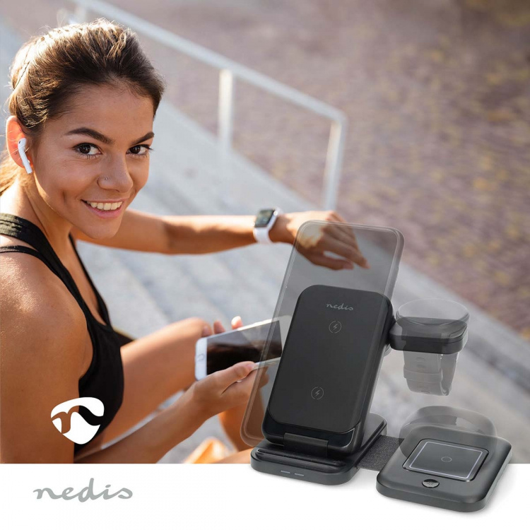 Nedis Draadloze Oplader | 3-in-1 | 15 W | LED-indicatie in gebruik | Inclusief kabel | USB-A / USB-C™ | 1.00 m