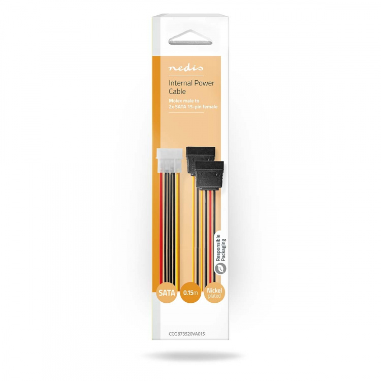 Nedis Interne Voedingskabel | Molex Male | 2x SATA 15-Pins Female | Verguld | 0.15 m | Rond | PVC | Multicolour | Doos Nedis Interne Voedingskabel | Molex Male | 2x SATA 15-Pins Female | Verguld | 0.15 m | Rond | PVC | Multicolour | Doos