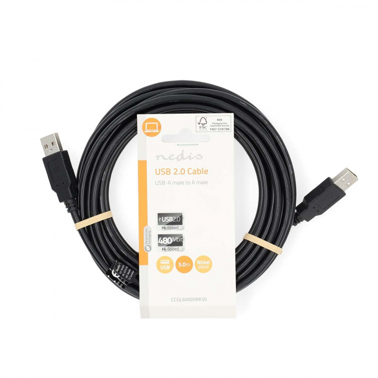 Nedis USB-Kabel | USB 2.0 | USB-A Male | USB-A Male | 480 Mbps | Vernikkeld | 5.00 m | Rond | PVC | Zwart | Label Nedis USB-Kabel | USB 2.0 | USB-A Male | USB-A Male | 480 Mbps | Vernikkeld | 5.00 m | Rond | PVC | Zwart | Label