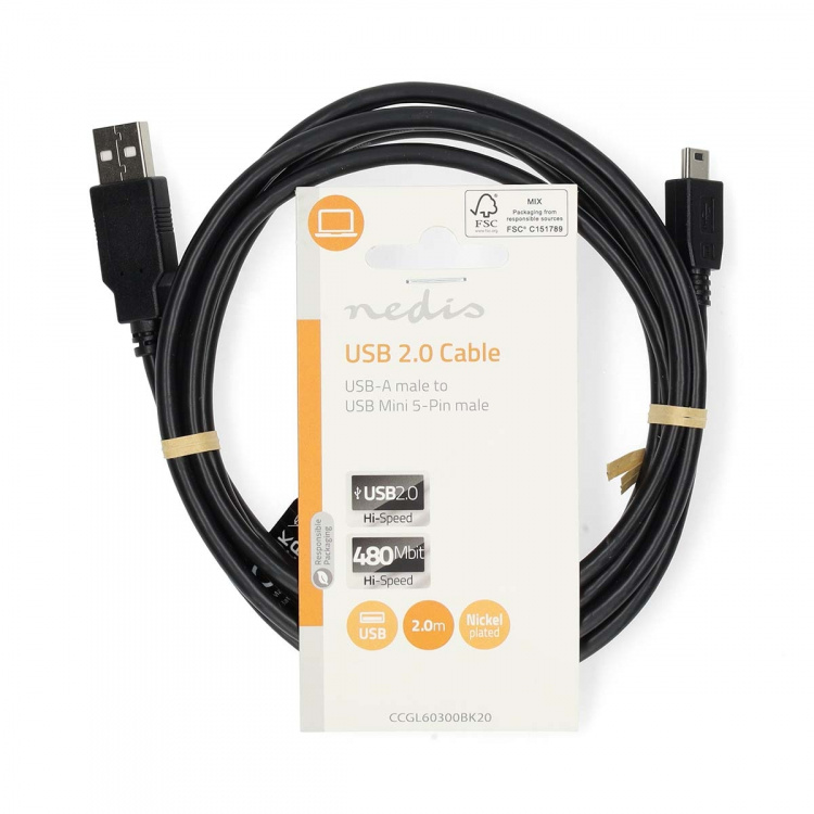 Nedis USB-Kabel | USB 2.0 | USB-A Male | USB Mini-B 5-Pins Male | 480 Mbps | Vernikkeld | 2.00 m | Rond | PVC | Zwart | Label Nedis USB-Kabel | USB 2.0 | USB-A Male | USB Mini-B 5-Pins Male | 480 Mbps | Vernikkeld | 2.00 m | Rond | PVC | Zwart | Label
