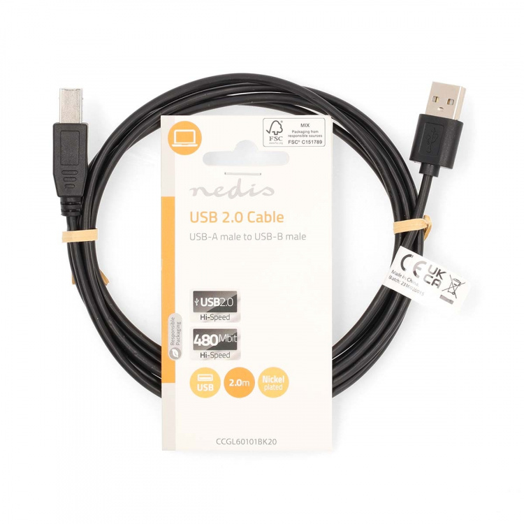 Nedis USB-Kabel | USB 2.0 | USB-A Male | USB-B Male | 480 Mbps | Vernikkeld | 2.00 m | Rond | PVC | Zwart | Label Nedis USB-Kabel | USB 2.0 | USB-A Male | USB-B Male | 480 Mbps | Vernikkeld | 2.00 m | Rond | PVC | Zwart | Label