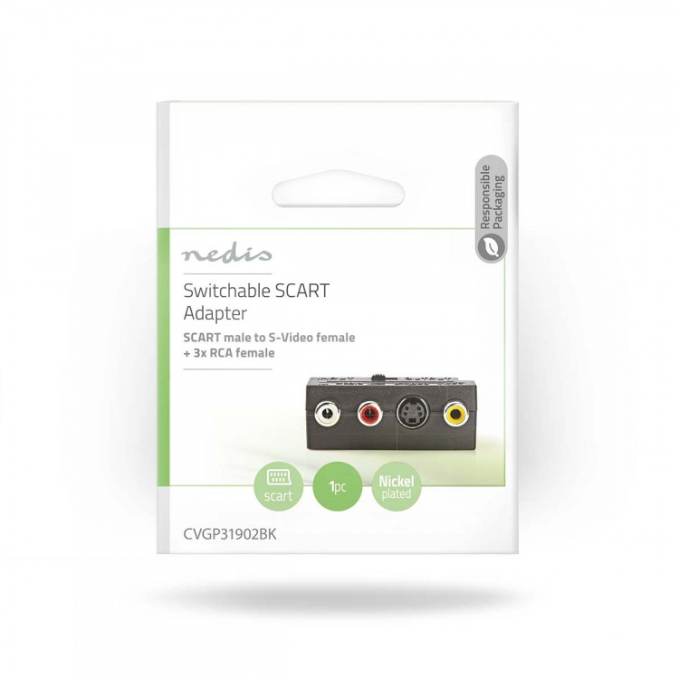 Nedis SCART-Adapter | SCART Male | S-Video Female / 3x RCA Female | Vernikkeld | Schakelbaar | ABS | Zwart | 1 Stuks | Envelop