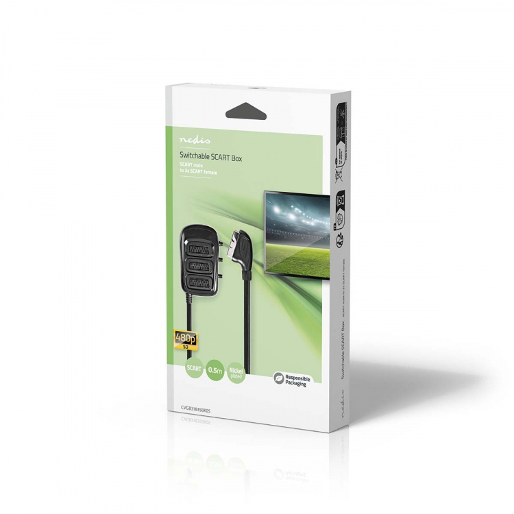 Nedis SCART-Switchbox | SCART Male | 3x SCART Female | Vernikkeld | Maximale resolutie: 800x480 | 0.50 m | Rond | PVC | Zwart | Doos