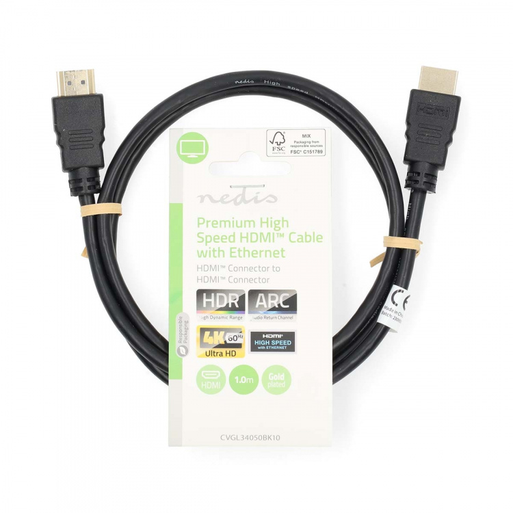 Nedis Premium High Speed HDMI™-Kabel met Ethernet | HDMI™ Connector | HDMI™ Connector | 4K@60Hz | 18 Gbps | 1.00 m | Rond | PVC | Zwart | Label Nedis Premium High Speed HDMI™-Kabel met Ethernet | HDMI™ Connector | HDMI™ Connector | 4K@60Hz | 18 Gbps | 1.00 m | Rond | PVC | Zwart | Label