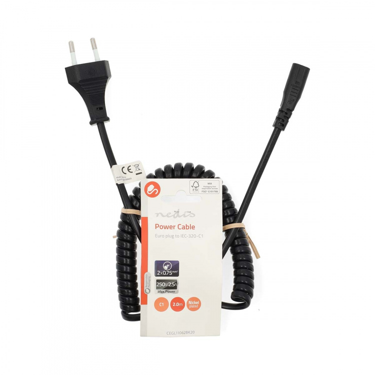 Nedis Stroomkabel | Euro Male | IEC-320-C1 | Recht | Recht | Vernikkeld | 2.00 m | Gekruld | PVC | Zwart | Label