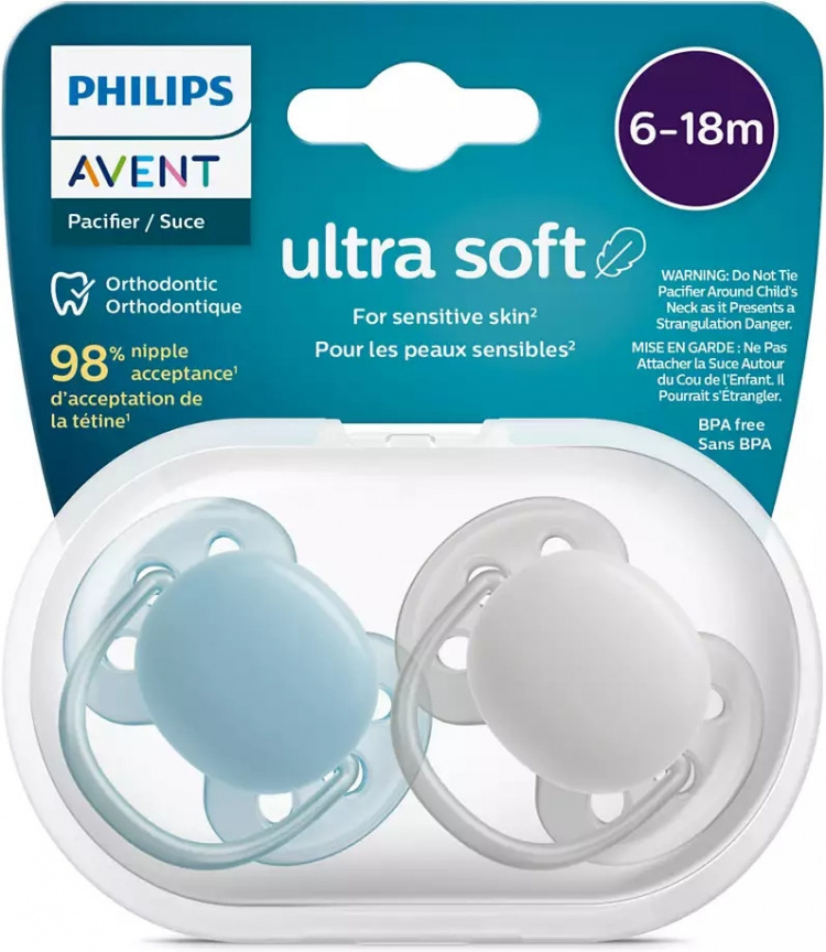 Philips Avent SCF091/17 Ultra Soft-spenen, 6-18 maanden, 2 stuks, blauw