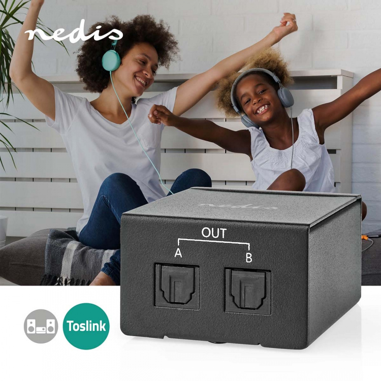Nedis TosLink-Splitter | 2-wegs | Ingangen audio / video / data: TosLink Female | Uitgangen audio / video / data: 2x TosLink | Drukknop | Metaal | Zwart