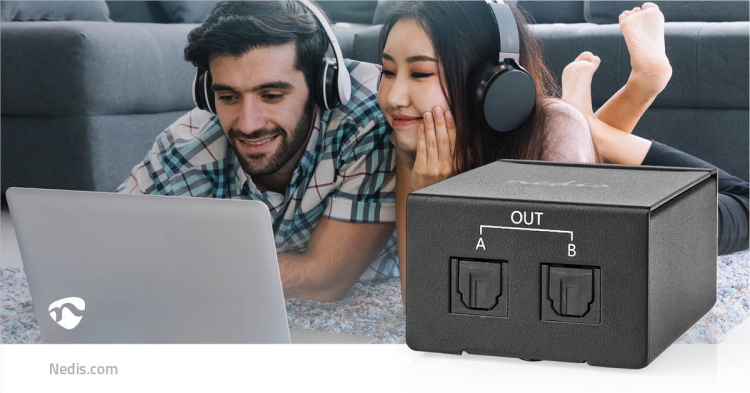 Nedis TosLink-Splitter | 2-wegs | Ingangen audio / video / data: TosLink Female | Uitgangen audio / video / data: 2x TosLink | Drukknop | Metaal | Zwart
