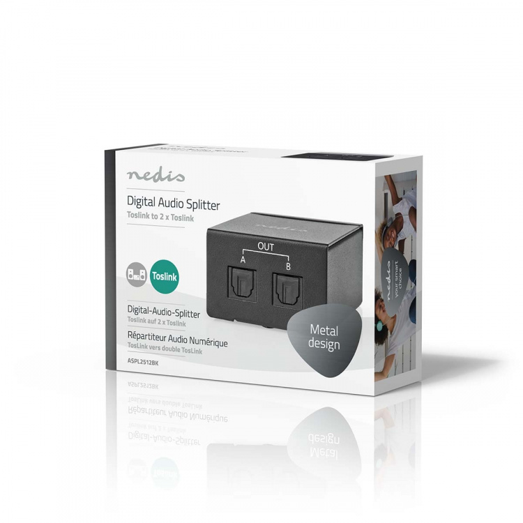 Nedis TosLink-Splitter | 2-wegs | Ingangen audio / video / data: TosLink Female | Uitgangen audio / video / data: 2x TosLink | Drukknop | Metaal | Zwart