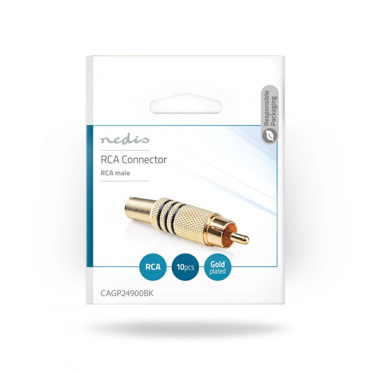 Nedis RCA-Connector | Recht | Male | Verguld | Soldeer | Diameter kabelinvoer: 7.0 mm | Metaal | Zwart | 10 Stuks | Envelop