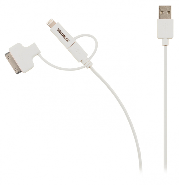 Valueline 3-in-1 Data en Oplaadkabel USB A Male - Micro-B Male 1.00 m Wit
