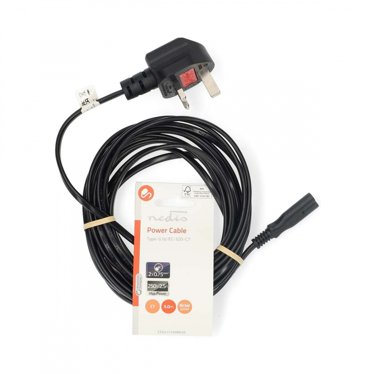 Nedis UK-Voedingskabel | UK Male | IEC-320-C7 | 5.00 m | Ja | 2 x 0.75 mm² | Koper | Rond | Vernikkeld | UK | PVC | Stekkertype: UK / Type-G | 250 V AC | 3 A | Zwart