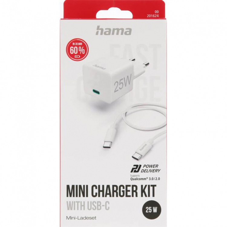Hama Laddare USB-C med USB-C Kabel PD 25W 1,5m Kabel Vit