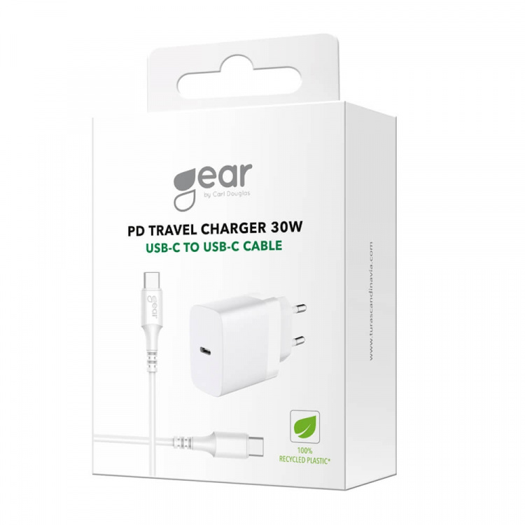 GEAR Laddare 220V 1xUSB-C Vit PD/PPS 30W + Kabel USB-C till USB-C