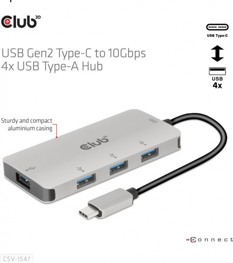 Club 3D USB Type-C naar 10 Gbps 4x USB Type-A hub Club 3D USB Type-C naar 10 Gbps 4x USB Type-A hub